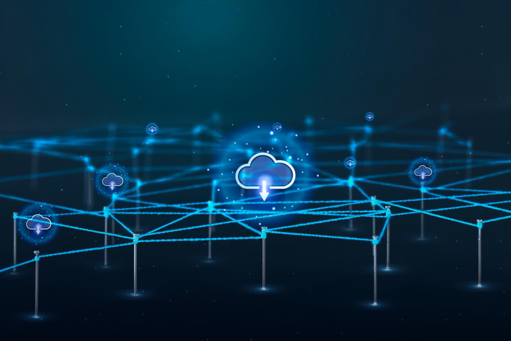 Cloud computer icons connected together through a series of strings in a tech like blue hue