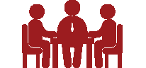 Three people sitting in a chair icon, one with a tie.